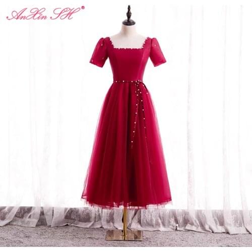 AnXin SH princess wine red satin lace evening dress vintage party sweetheart beading pearls short sleeve bow bride evening dress