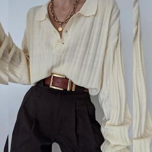 B-TOTO American Retro Beige Polo Collar Sweater Women Ins Tide Loose Thin Top 2021 New Fashion