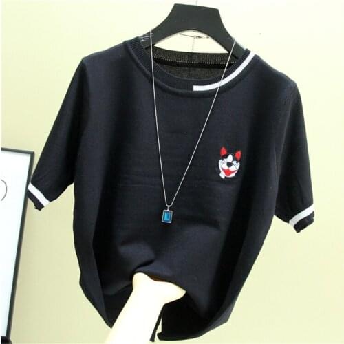 O collar Small animal embroidery sweater bottoming shirt womens Solid color thin pullover 2021 summer Ice silk Short sleeve