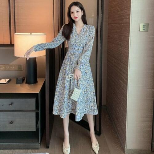 Womens 2021 Autumn New Elegant Cottagecore Korean Temperament V-neck High Waist Medium Length A-line Skirt Floral Chiffon Dress