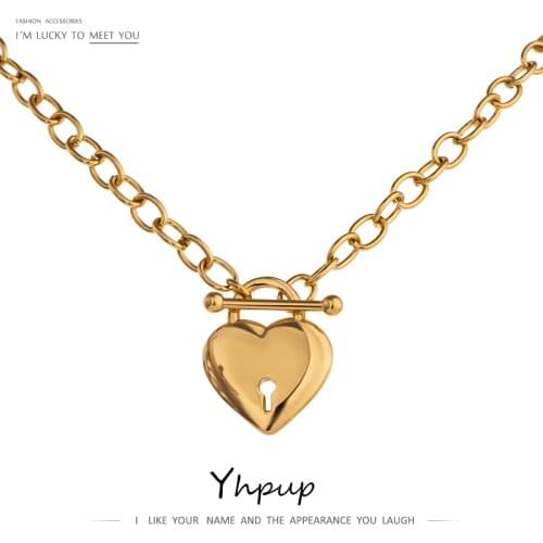 Yhpup Romantic Heart Lock Pendant Stainless Steel Necklace for Women Temperament Metal Texture 18 K Plated Choker Necklace 2021