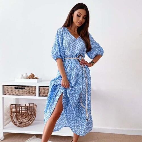 2021 Summer Dress Women New Print Lantern Sleeve V-neck Big Swing Elegant Dress Casual Loose Bandage Beach Party Dress Vestidos