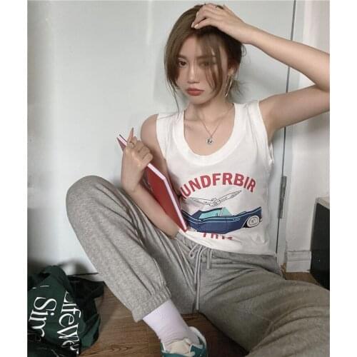Retro car print vest women slimming casual loose sleeveless tops white loose loose compassionate women