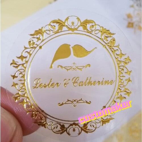 1000 pcs Custom Wedding gold transparent Sticker Personalised Name Clear Transparent White Kraft Sticker, Wedding label