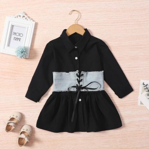 2 Pcs Infant Casual Outfits, Girls Single-breasted Solid Color Long Sleeve Lapel Denim Shirt Dress + Tie-up Waist Belt