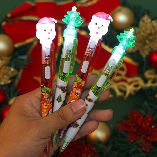 2pcs Light Up Christmas Ballpoint Pen 0.5mm Blue Ink Santa Claus LED Lights Writing Pen Kids Gift Party Supply