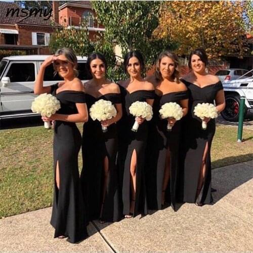 Black Bridesmaid Dresses For Western Garden Boho Weddings A Line Elegant Off Shoulders Split Maid of Honor Gowns Cheap
