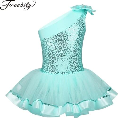 Kids Girls One Shoulder Bowknot Ballet Tutu Dress Shiny Sequins Children Ballet Dance Gymnastics Leotard Stage Dance Costume