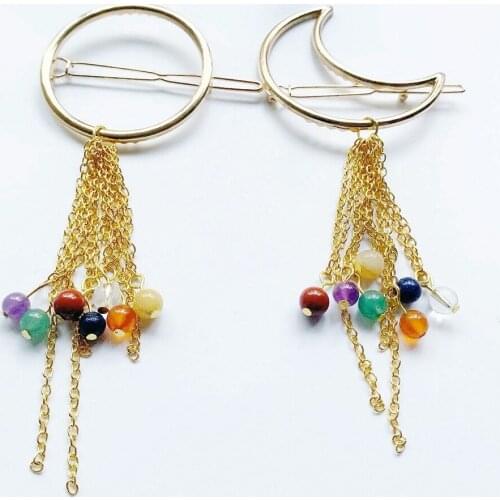 Metal Moon Circle Shape Hair Clip Stone Hair Clips Jewelry Accessories Long Tassel with 7 Chakra Beads Hair Clips for Women Girl