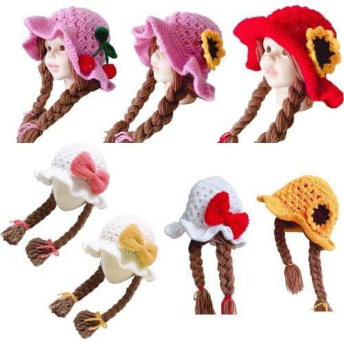 Cute Idyllic Handmade Knitted Baby Girl Twist Braid Hat Infant Wigs Brades Kid Crochet Caps with Plaits Photography Prop
