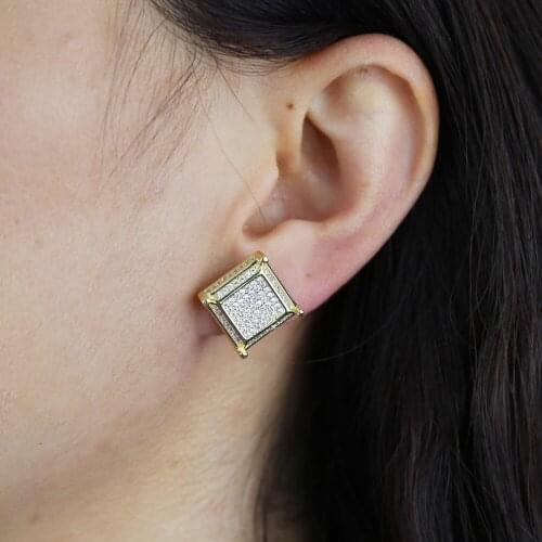 Fashion Shiny Bling Square Stud Earrings Punk Silver Color Micro Paved CZ Crystal Wedding Earrings for Men Women Hip Hop Jewelry