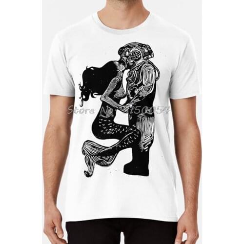 My Underwater Love T Shirt Linocut Mermaid Diver Kiss Linoprint Linogravure Love Valentines Beach T-shirt Men Cotton Tshirt Tees