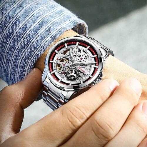 AILANG 2021 New Mens Hollow Mechanical Watch Stainless Steel Week Calendar Luminous Sports Waterproof Atmosphere Business Watch