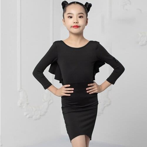 New Latin Dance Dress Long Sleeve Ruffled Black Dresses Girls Latin Performance Clothes Rumba Samba Practice Dance Wear DNV14483