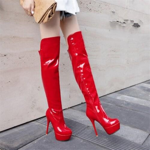 PXELENA Plus Size 34-45 Patent Leather Over The Knee Boots Platform Round Toe Thin High Heels Nightclub Party Boots Woman Sexy