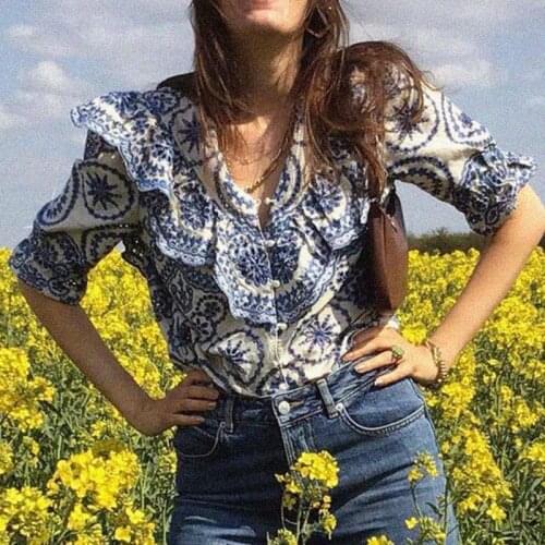 Blue Embroidery Shirts Femme Ruffled Half Sleeve Blouse Collar Round Hollow Out Blouse 2021 Mujer Chic chemisier Tops Elegant