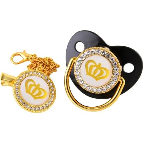 6 Color Gold Crown Bling Baby Pacifier And Chain Clip BPA Free Silicone Infant Rhinestone Nipple Soother 0-18 Months Shower Gift