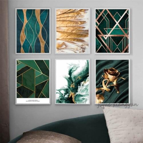 Modern Abstract Gold Foil Lines Green Canvas Art Paintings for Living Room Bedroom Poster and Prints Wall Paintings Home Decor