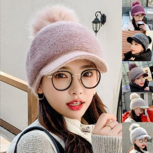 Women Winter Thick Warm Fuzzy Knit Beanie Cap with Visor Pompom Baseball Cap 1XCA