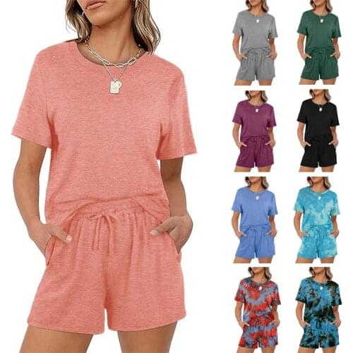 Womens Suit Solid Pockets Two-piece Suit O-Neck T-shirt Crop Top Set and Shorts Casual Outfits for Sex Womens Shorts Tracksuit