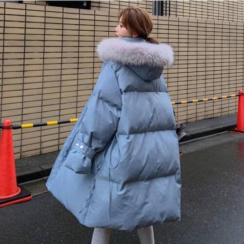 JuneLove Winter Women Solid Hooded Down Coat Lady Casual Korea Warm Coat Vintage Female Fur Collar Parkas Loose Thick Outerwears