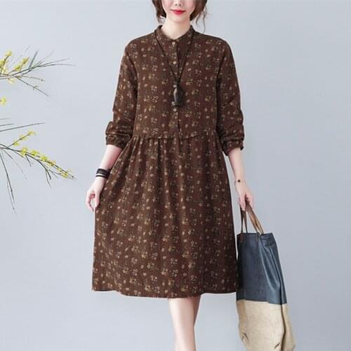 Long Sleeve Spring Dress Cotton Linen Print Floral Prairie Chic Vintage Travel Casual Dress Cotton Linen Women Autumn Midi Dress