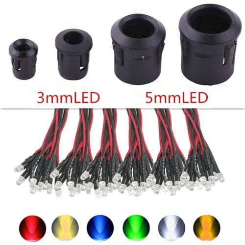20-100pcs 3mm/5mm Red/Green/Blue/RGB 12V DC Round Pre-Wired Water Clear LED With Plastic Holder