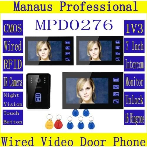 7" RFID Video Door Phone Intercom Doorbell Touch Button Remote Unlock Night Vision 1 Camera + 3 Monitor Video Doorphone Kit D276