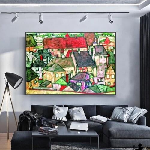 Abstract Small Town By Egon Schiele Oil Paintings Replication Poster and Print Wall Art Canvas Pictures Living Room Decor