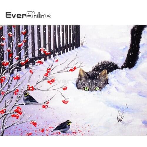 EverShine DIY 5D Full Drill Square Diamond Painting Cat Picture Of Rhinestones Diamond Embroidery Winter Snow Scenery Bead Art