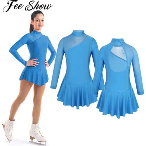 Kids Girls Tulle Splice Cutouts Back Figure Ice Skating Dress Ballet Dance Dress for Stage Performance Competition Costumes