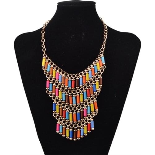 African Gold Chain Boho Colorful Long Resin Beads Statement Jewelry Handmade Maxi Choker Bib Necklaces Tribal Turkish Jewelry