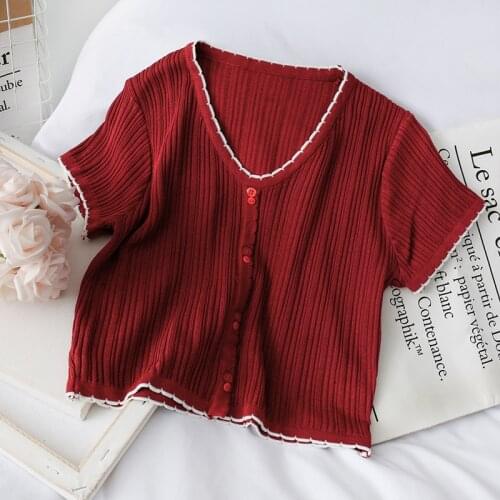 HELIAR Women Loose Buttoned Up T-shirt 2021 Summer Tees V-Neck fashion Red Cotton Ladies Fashion Solid Short Sleeve T-shirt