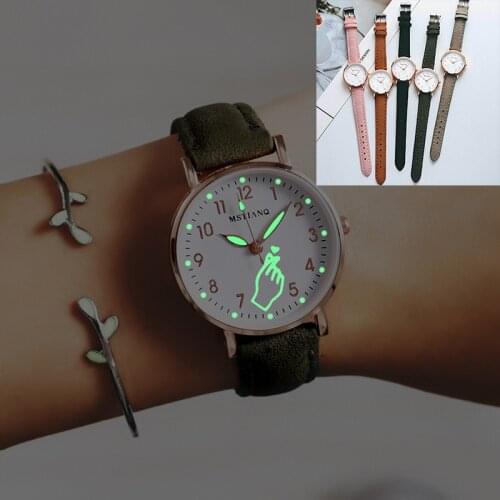 Ins Wind Cute Fresh Luminous Ladies Watch Fashion Simple Personality Watch Casual Leather Strap Quartz Watch Clock