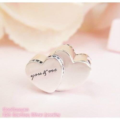 Valentines Day 925 Sterling Silver Two Hearts Charm, Clear CZ Heart Beads Fit Original Pandora Charms Bracelet Jewelry