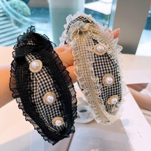 Korean jewelry age reduction retro princess style lace pearl diamond exaggerated wide version twisted headband sweet ins net red