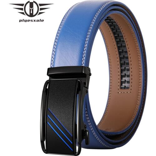 Plyesxale Brand New Mens Belts Casual Automatic Buckle Black White Brown Blue Cowhide Male Genuine Leather Trouser Belt B653