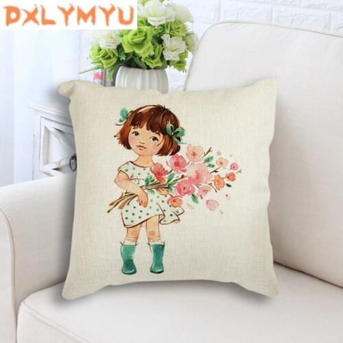 Cartoon Cute Girl Printed Cushion Cover Nordic Style Throw Pillow Linen Pillowcase Decorative Seat Cushion Cover for Sofa