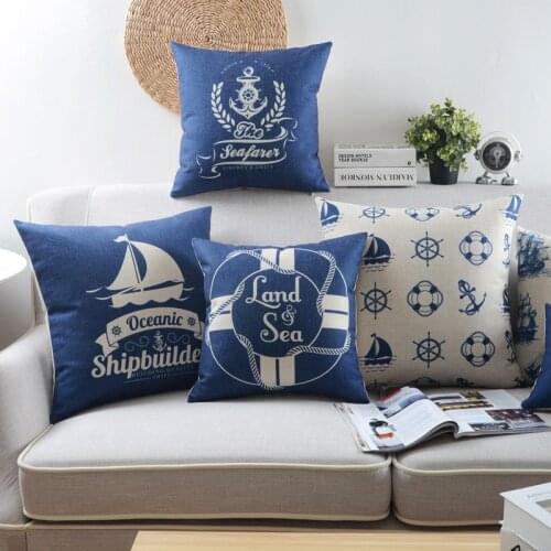 Marine Style Nautical Printed Cushion Cover Blue Sea Anchor Sailboat Decorative Pillow Cover Home Decor Throw Pillow Case