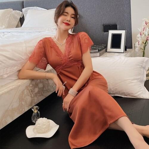 V-Neck Nightdress Women Nightwear Summer New Nightgown Bride Satin Lace Sleepwear Nighty Dress Lounge Sleep Gown Home Clothing