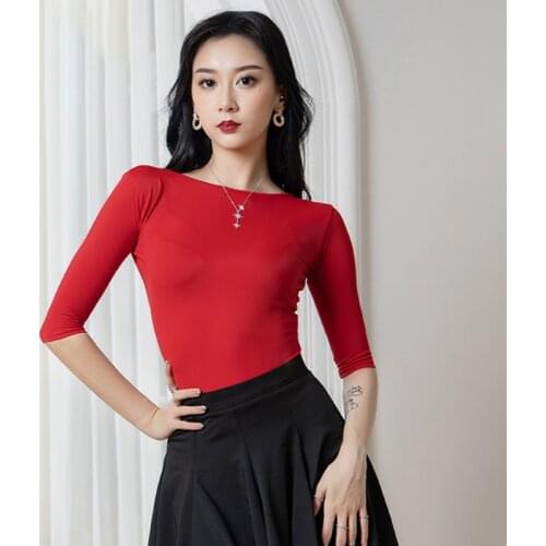 New Red Latin Dance Tops For Women/Adult Summer Short Sleeve Black Shirt Modal Clothes Ballroom Dance Costume Dance Top BL1717