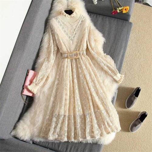 Autumn Women Long Sleeve Knitted Patchwork Lace Dress Elegant Lady Long O-neck A-line Dressess Vestidos Winter Bottomings W1079