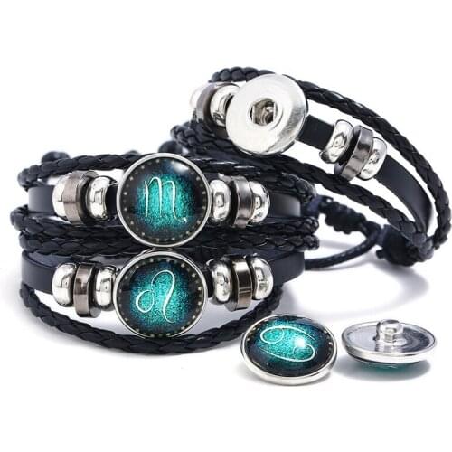 Punk Rock 12 Constellation Zodiac Signs Multilayer Casual Leather Bracelets Men Couple Vintage Snap Button Adjustable Bracelets