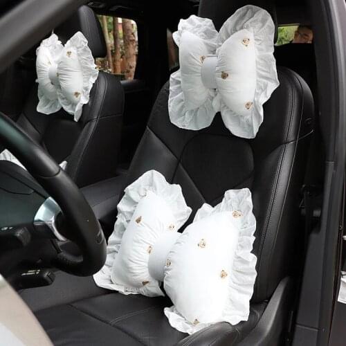 Car Headrest Cartoon Embroidery Lace Ruffle Flower Neck Pillow Seat Back Lumbar Waist Cushion Head Support Women Auto Interior