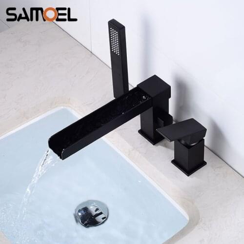 Industrial Style Brass Matte Black Deck-Mounted 3-Hole Square Bath tub Water Faucet Bathtub Waterfall Mixer Tap With Spray