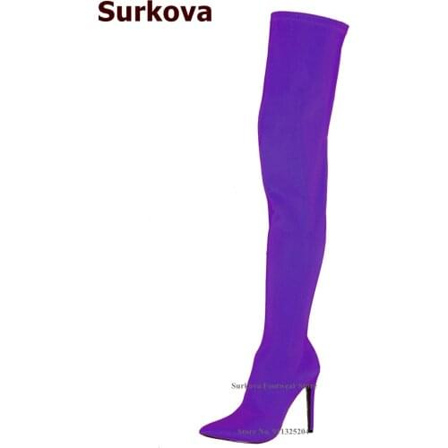 Surkova Stretch Lycra Over-the-knee Boots Thin High Heels Pointed Toe Thigh High Boots Women Sexy Slim Fit Bodycon Long Boots