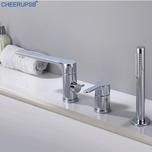 Bathtub Faucet 3 Ways Bath Shower Tap Deck Mount Brass Chrome Faucets Hot Cold Mixer 3 Holes Shower Set with Hand Held Sprayer