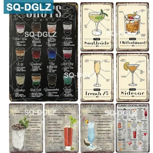 [SQ-DGLZ] Classic Cocktail Recipes Metal Sign Bar Wall Decor Club Shot Menu Metal Crafts Decor Painting Plaques Art Poster