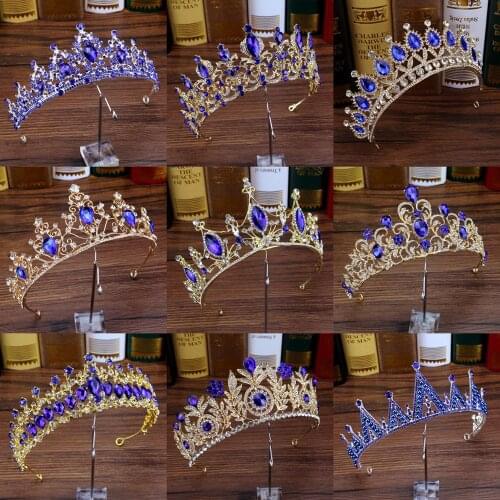 Rhinestone Wedding Headband Bridal Hair Jewelry Royal Blue Crystal Women Diadem Large Quinceanera Tiaras And Crowns For Brides