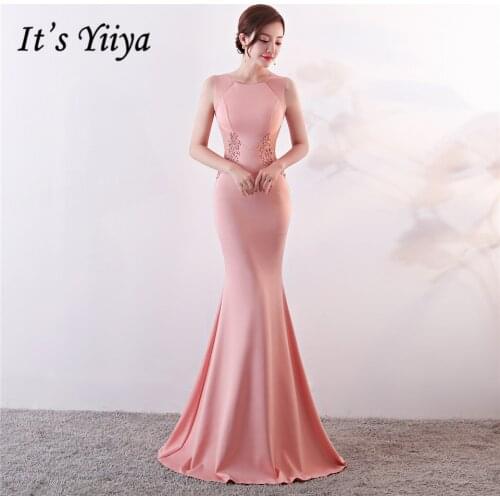 Its Yiiya Evening Dresses Royal O-neck Sleeveless Pearls Party gown Elegant Embroidery zipper back long Trumpet Prom dress C188